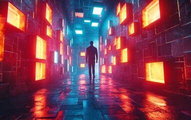 Poster - Man walks futuristic neon corridor.