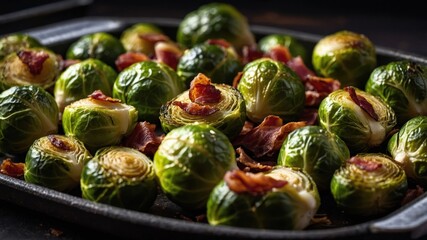 Poster - A close-up of roasted Brussels sprouts topped with crispy bacon on a serving tray.