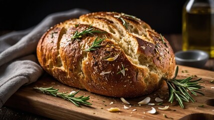 Sticker - A freshly baked loaf of bread garnished with herbs on a wooden cutting board.