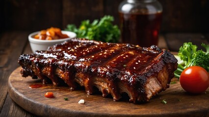 Poster - A succulent rack of ribs glazed with barbecue sauce, served with sides on a wooden board.