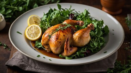 Wall Mural - A roasted chicken served on a bed of greens with lemon slices and herbs.