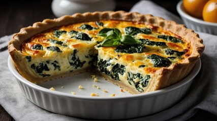 Sticker - A delicious spinach quiche, sliced to reveal a creamy filling and flaky crust.