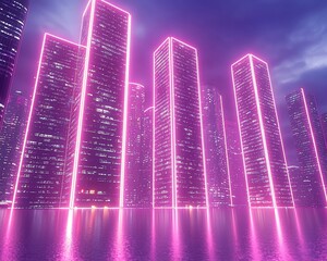 Aufkleber - Neon-lit cityscape at night, reflecting in water.