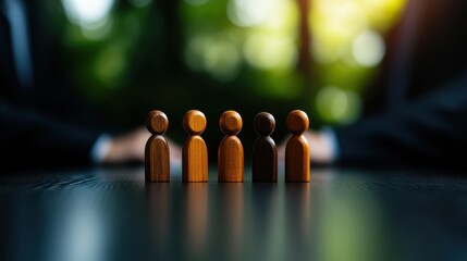 Poster - Wooden figures arranged on a table forming a group together in a close-up view