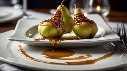 Wall Mural - Two green pears drizzled with caramel sauce on a white plate, elegantly presented.