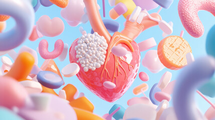 Poster - vibrant heart surrounded by colorful molecules, representing LDL and HDL cholesterol. image conveys sense of health and vitality