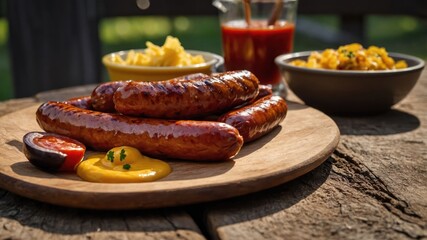 Sticker - Grilled sausages on a wooden platter with condiments and side dishes.