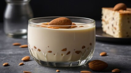 Wall Mural - A creamy dessert topped with almonds, served in a glass, with a slice of cake in the background.