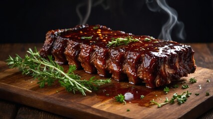 Poster - A succulent glazed barbecue rib on a wooden cutting board, garnished with herbs.