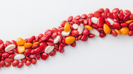 Poster - Artistic representation of cholesterol levels with colorful pills and capsules. This vibrant display highlights health awareness and nutrition