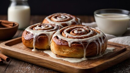 Wall Mural - Three delicious cinnamon rolls drizzled with icing on a wooden platter, with milk nearby.