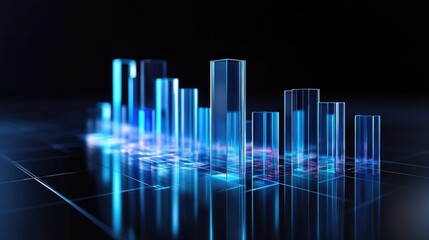 Poster - A professional D bar chart with reflective glass bars of varying heights, displayed on a polished black surface, showing financial metrics and trends.