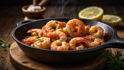 Poster - A delicious dish of shrimp served in a skillet with herbs and lemon.