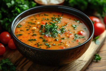 Wall Mural - A bowl of hot soup sitting on a wooden cutting board, perfect for cozy meals