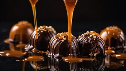 Wall Mural - Delicious chocolate truffles drizzled with caramel and topped with nuts.