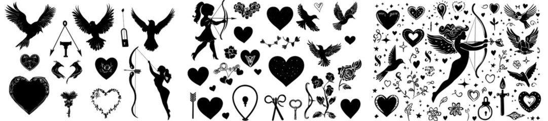 Wall Mural - Happy Valentine's Day stencil set in black silhouette. A charming romantic love collection with design elements like cupid, heart, couple, pigeons, diamond, butterfly, and flowers. Modern