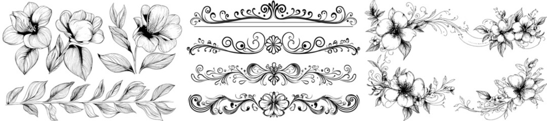 Poster - contemporary black and white border set featuring simple, isolated dividers adorned with leaves, bra