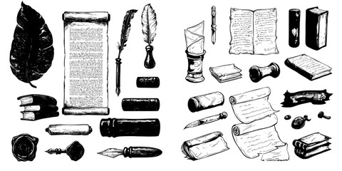 Poster - hand crafted old paper featuring a scroll and feather set, shown as a black and white draft sketch o