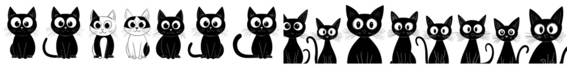 Poster - Collection of cat icons. Set of emoji symbols featuring kittens. Black and white simple outline images of cat heads. Isolated and modern