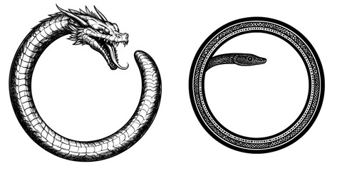 Wall Mural - Circle snake in Vintage style. Serpent cobra or python or poisonous viper. Engraved hand-drawn old reptile sketch for Tattoo. Anaconda for sticker or logo or t-shirts