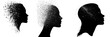 A human silhouette disintegrates into fragments of a head against a white backdrop, symbolizing mental disorders or depression
