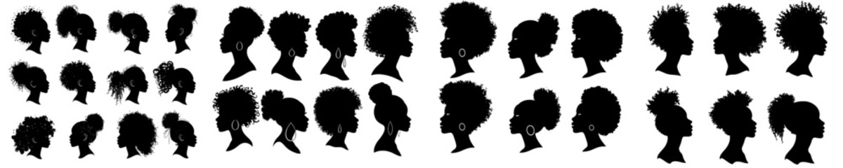 Poster - African American men in silhouette form modern profile portraits of hairstyles, heads isolated on white