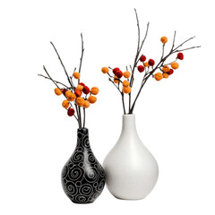 Poster - White vase with black and white geometric design on a wooden surface with natural lighting isolated on transparent background.