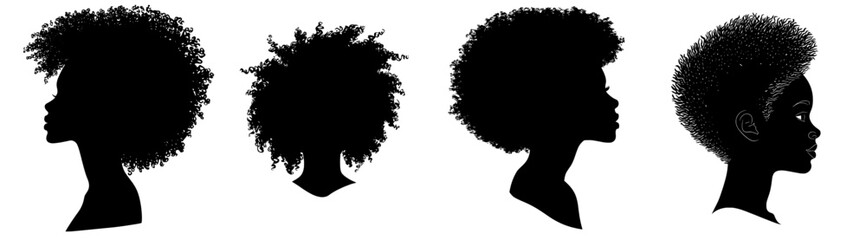 Black Afro African American girl woman lady modern portrait profile head face silhouette with natural hair puff hairstyle drawing illustration. Laser plotter cutting. Logo for beauty salon. T shirt