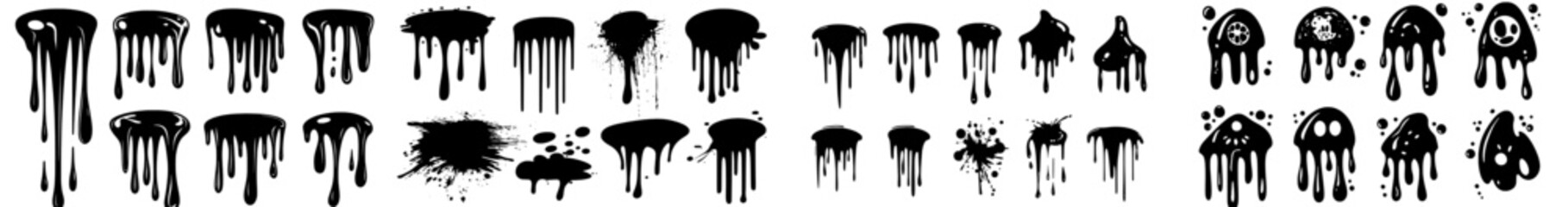 Poster - Logo design featuring isolated dripping shapes. Seamless pattern of melting ink. Black abstract trickles resembling liquid slime. A modern set of organic amorphous forms