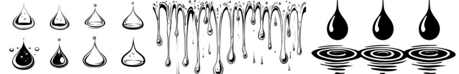 Poster - Water droplets create splashes. Isolated black ink drips, tears flow in modern shapes, resembling oil or rain.