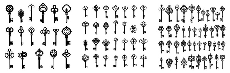 Poster - Key and keyhole outlines. Classic old keyholes and antique keys in black silhouettes. A set of medieval door locks and locking elements. Contemporary symbols representing privacy and neatness