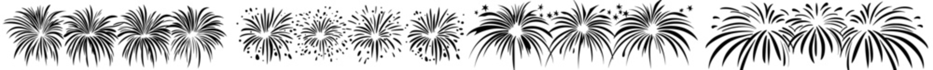 Poster - Set of firework icons. Fireworks with stars and sparks isolated on white background. Firework simple black line icons