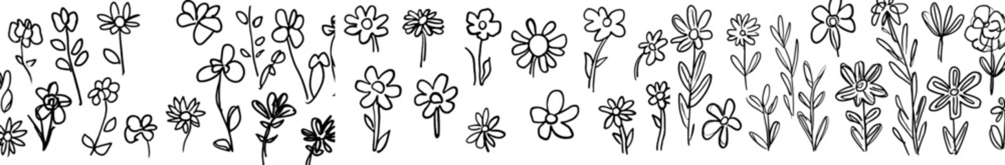 Doodle flowers in black and white, seamless pattern, for a coloring book background. Modern illustration