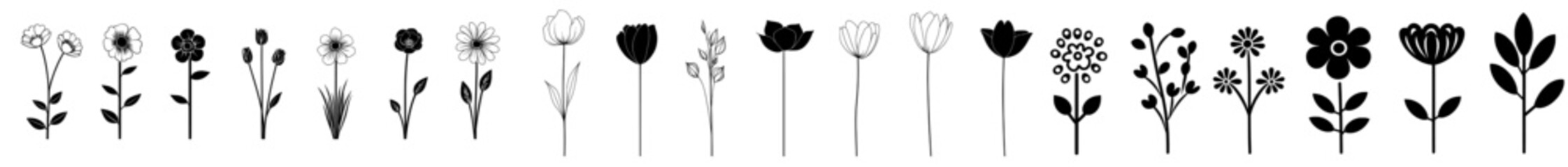 Wall Mural - Isolated black floral icons, simple flower signs. Stylish and modern plant silhouettes, minimal and bold decoration set