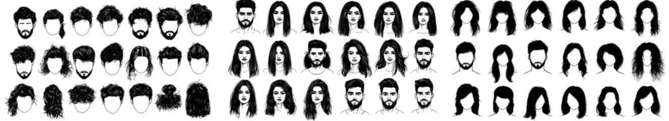 Wall Mural - Icons of women and men's faces, young boys and girls' character silhouettes, modern people's heads icons, and various user profile black symbols