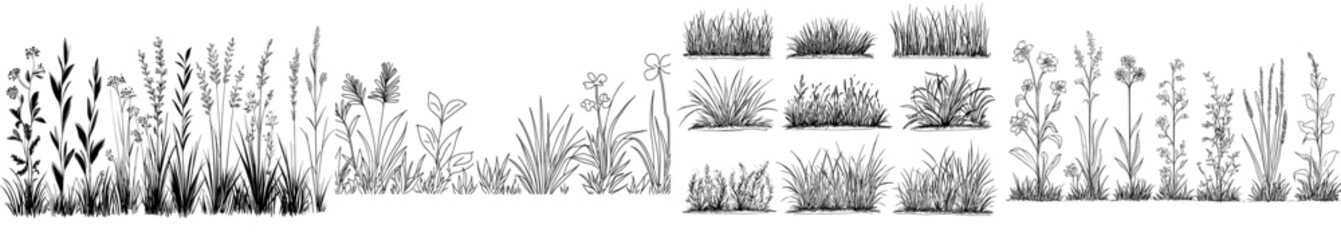 Wall Mural - Grass set graphic in black and white, isolated sketch illustration, modern