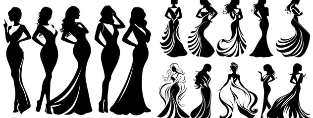 Wall Mural - Graceful silhouettes of women. Stunning black women depicted as modern fashion models, chic female portraits set against a white backdrop