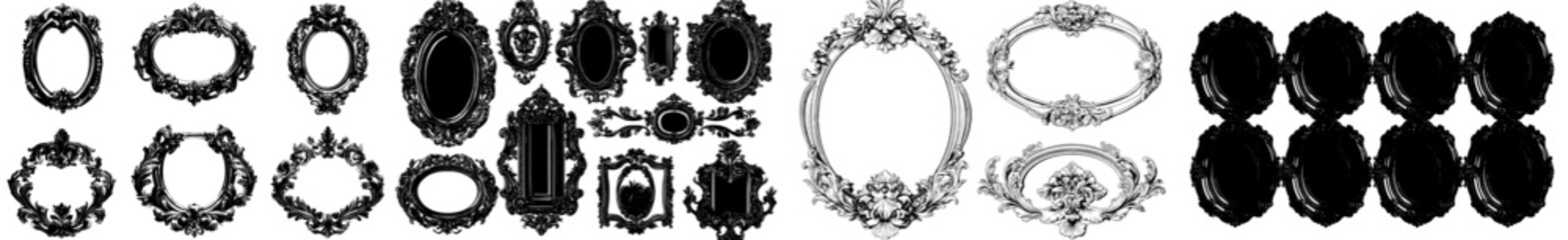 Wall Mural - Silhouettes of Victorian photo frames. Baroque frames with ornate flourishes on a white background, featuring vintage royal wall borders in black, modern illustration style