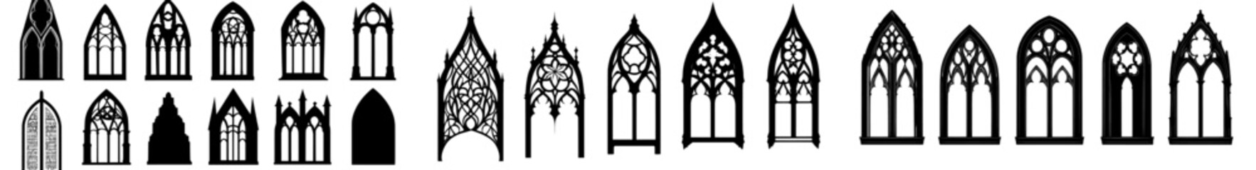 Poster - A modern set featuring a black silhouette of a Gothic church window, reminiscent of a stained glass cathedral frame with a Catholic medieval arch, showcasing ancient European architecture,