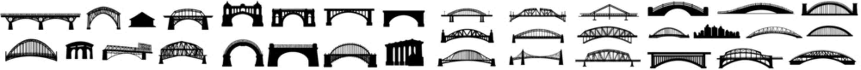 Poster - Silhouetted black bridges. Urban industrial architectural structures, city design components. Various bridges for towns and villages, contemporary modern icons
