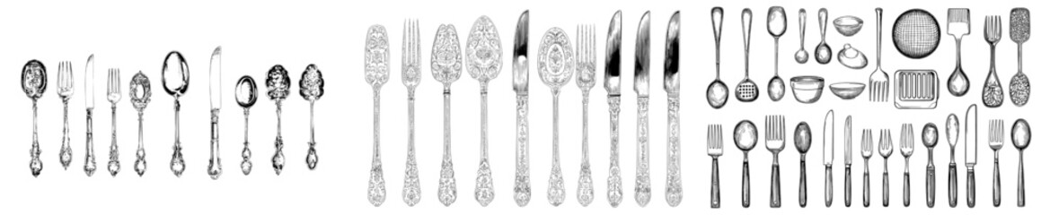 Poster - Vintage Silver Cutlery Set with Engraved Style Icons, Classic Design Elements, and Detailed Line Sketches of Retro Kitchenware