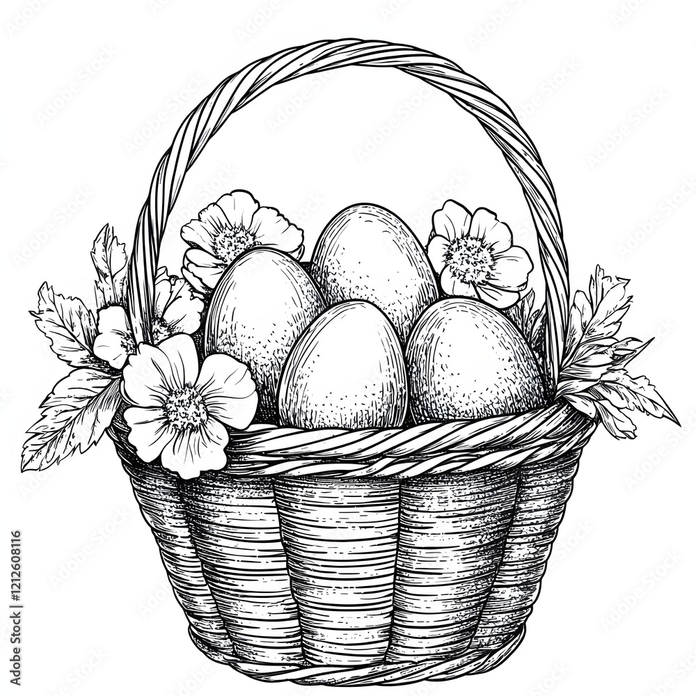 Easter basket with decorations eggs black and white illustration on ...