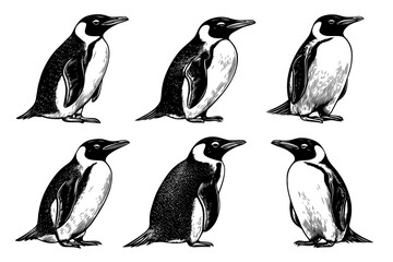 Wall Mural - A collection of modern linocut illustrations featuring a penguin logo on a white background, showcasing unique and playful handcrafted bird designs