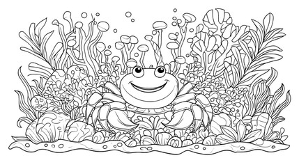 Sticker - A charming underwater scene featuring a crab on the seabed, perfect for kids' coloring fun with a delightful beach creature in a colorful marine life drawing