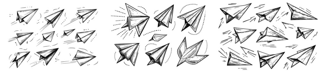 Wall Mural - A collection of hand-drawn doodle paper planes, each with its own isolated flight path. Line airplane icons representing travel routes.