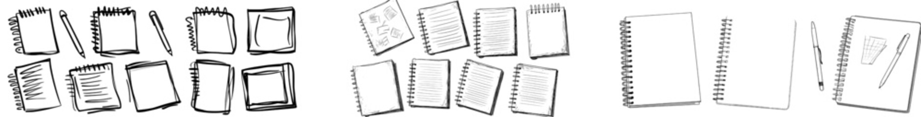 Poster - Set of hand-drawn notebook doodle icons. Line clipart symbols featuring outline drawings of notebooks. Isolated doodle of an exercise book.