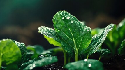 Poster - A close-up of dew-covered kale leaves growing in an organic vegetable patch