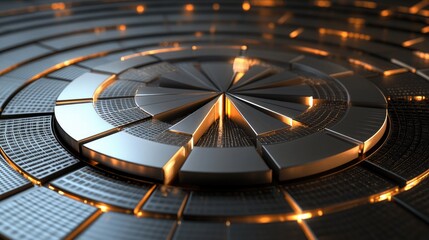 Poster - A sleek D circular graph with metallic segments, each slice slightly separated to emphasize its size, set against a futuristic background of glowing grids.