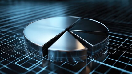 Poster - A sleek D circular graph with metallic segments, each slice slightly separated to emphasize its size, set against a futuristic background of glowing grids.