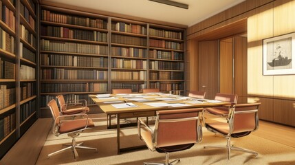 Poster - Sunlit Library Meeting Room With Books And Chairs